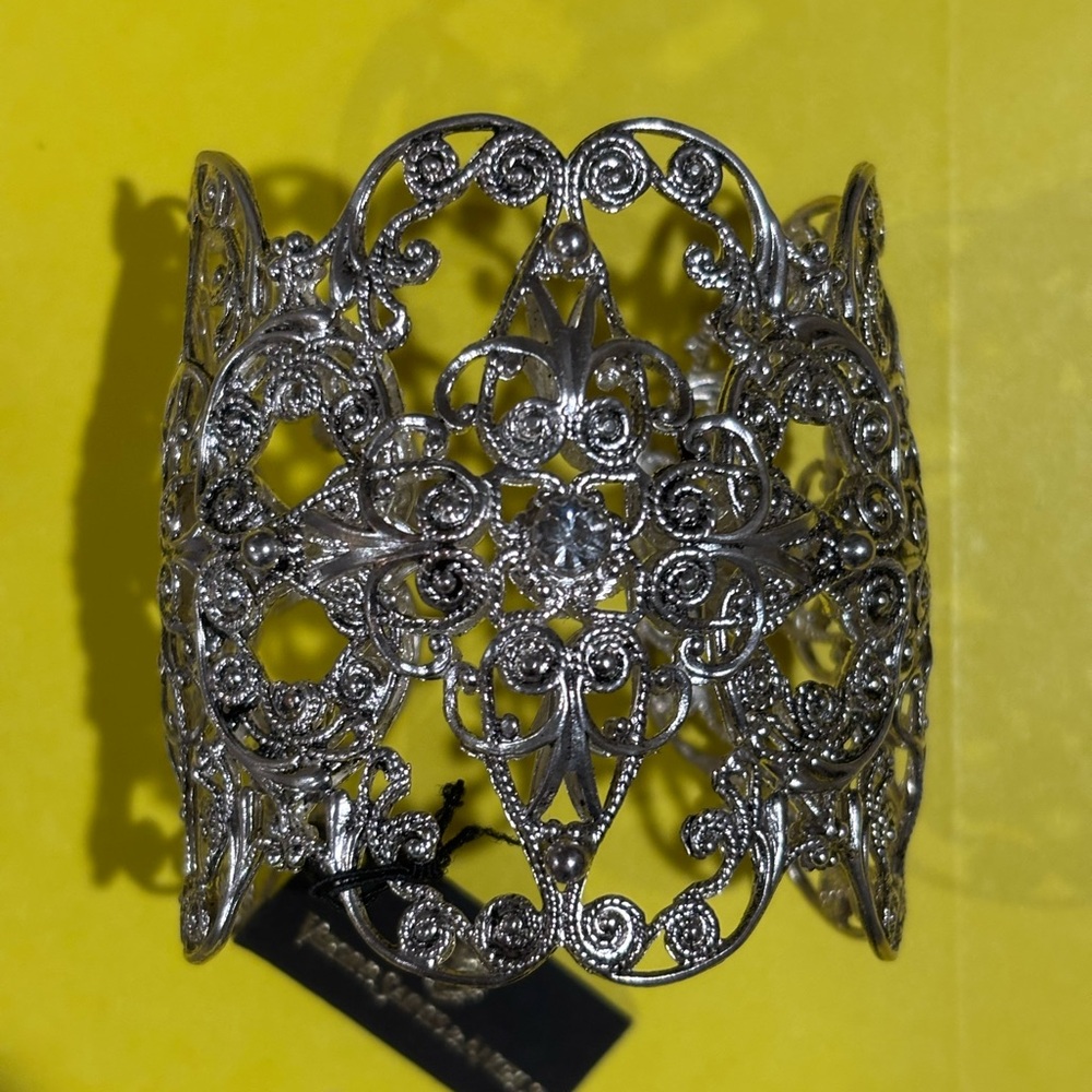 Intricate Virgin Saints & Angels Silver Filigree Cuff Bracelet